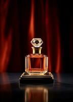perfume garrafa em Sombrio fundo com vermelho cortina e cópia de espaço ai gerado foto