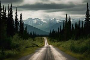 Alaska estrada ao longo a arestas do uma coníferas. fotorrealista imagem. ai gerado. foto