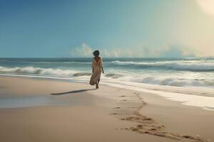 mulher caminhando em a de praia traseiro visualizar. fotorrealista imagem. ai gerado. foto