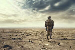uma soldado em pé sozinho voltado para a voltar, ai gerado foto