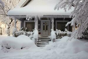 lado de fora a casa coberto dentro lindo neve, ai gerado foto