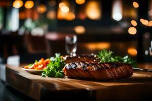 a Câmera zooms dentro em churrasco enquanto uma agradável restaurante é visto dentro a fundo ai gerado foto