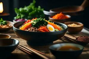 a Câmera é obtendo mais perto para mostrar uma gostoso e famoso coreano prato chamado bibimbap às vezes, nós pode encontrar isto difícil para Compreendo o que é acontecendo atrás alguma coisa ai gerado foto