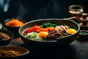 a Câmera é obtendo mais perto para mostrar uma delicioso e popular coreano prato nomeado bibimbap às vezes, isto pode estar difícil para Compreendo o que é indo em ou porque alguma coisa é acontecendo ai gerado foto