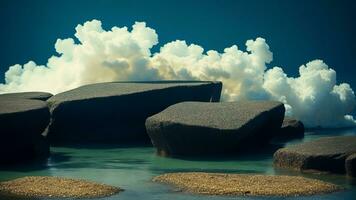 abstrato mínimo conceito. Sombrio fundo com natural granito pedras pódio em água e fumaça em torno da. ai gerado foto