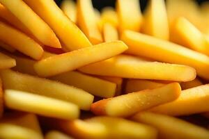 a cenário é uma fechar acima do francês fritas com uma brilhante luz fundo dentro uma estúdio criativo recurso, ai gerado foto