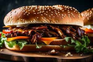 a a Principal idéia é uma cenário do uma delicioso churrasco puxado carne de porco sanduíche com uma colorida fundo, ocupado dentro uma especial quarto para levando fotos ai gerado