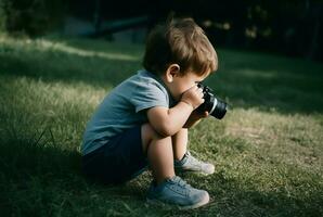 criança pequena explorar outono com Câmera às grama. gerar ai foto