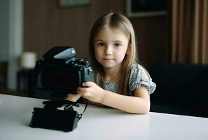 pequeno menina blogueiro Câmera tutorial. gerar ai foto