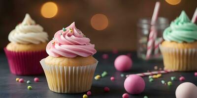 uma fofa caseiro Bolinho com Rosa gelo e multicolorido decoração ai gerado foto