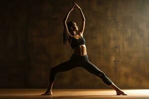 jovem mulher praticando ioga, em pé dentro vrksasana exercício, virabhadrasana pose, jovem mulher praticando ioga dentro a natarajasana posição, traseiro lado visualizar, não face revelado, ai gerado foto