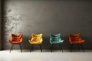 moderno interior com colorida poltronas e concreto muro. 3d renderizar, seu escolha texto em a parede com cadeiras. 3d renderizar, ai gerado foto