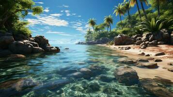 lindo tropical panorama com Palma árvores mar e arenoso praia, conceito período de férias dentro uma tropical paraíso país foto