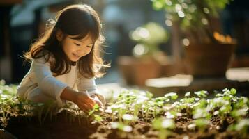 uma pequeno ásia menina cuidadosamente cuidando para dela plantas.. generativo ai foto