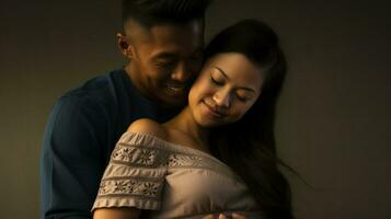 uma homem posando abraçando dele grávida esposa. generativo ai foto