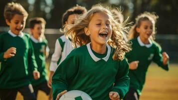 crianças jogando futebol em uma ensolarado dia.. generativo ai foto