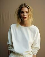 uma visão do simplicidade e graça, uma mulher desgasta uma branco suéter, resumindo sem esforço estilo.. generativo ai foto