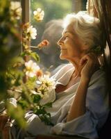 idosos mulher sentado dentro uma cadeira adornado com flores.. generativo ai foto