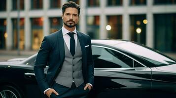 bem sucedido homem de negocios posando dentro frente do dele luxo carro. generativo ai foto
