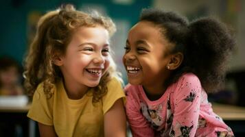 africano americano e caucasiano pequeno meninas tendo Diversão dentro a sala de aula. generativo ai foto