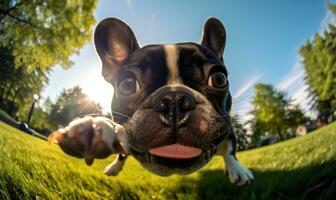 olho de peixe lente selfie fotografia do uma francês buldogue ai gerado foto