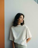 minimalista cena com mulher dentro branco camisa e cinzento calça inclinado contra parede.. generativo ai foto