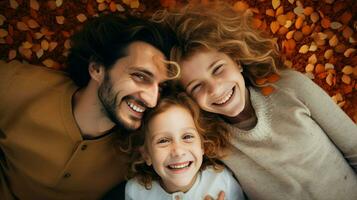 topo tiro feliz família deitado em a cama. generativo ai foto