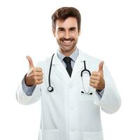 feliz sorridente médico com polegares acima gesto, isolado em transparente fundo png formato fictício pessoa, ai generativo foto