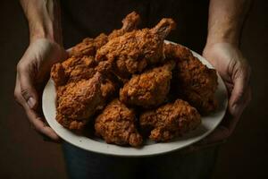 frito frango baquetas em uma branco volta placa. ai generativo foto