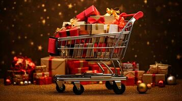 Natal compras carrinho com embrulhado presentes e dourado floco de neve foto