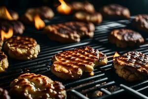 a Câmera zooms dentro em churrasco couve-flor bifes ser cozinhou em uma grade com chamas dentro a fundo ai gerado foto