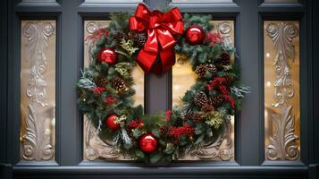 ai generativo Natal guirlanda com vermelho arco e bagas em a porta fechar acima foto