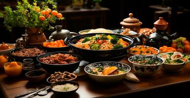 festivo mesa, muitos pratos a partir de diferente países do a mundo - ai gerado imagem foto