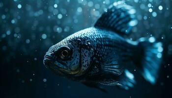 embaixo da agua peixe natação dentro azul água, fechar acima do animal gerado de ai foto