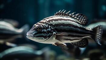 uma listrado zebra peixe nada dentro uma lindo embaixo da agua recife gerado de ai foto