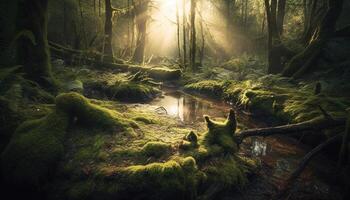 misterioso névoa cobertores tranquilo floresta, revelador natureza encantador beleza gerado de ai foto