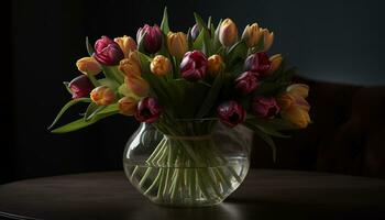 uma vibrante ramalhete do tulipas traz frescor e beleza dentro de casa gerado de ai foto