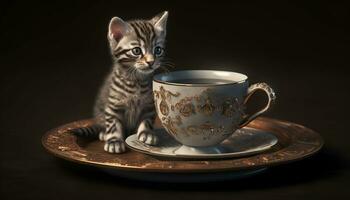 fofa gatinho bebendo leite a partir de pires em de madeira mesa gerado de ai foto