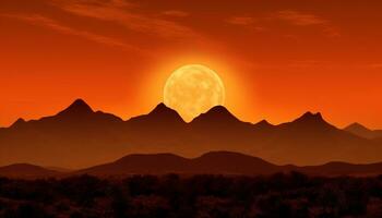 silhueta do majestoso montanha pico brilha dentro laranja crepúsculo céu gerado de ai foto
