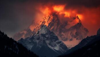 majestoso montanha pico, neve abordado, pôr do sol tintas dramático céu gerado de ai foto