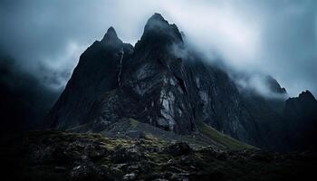 majestoso montanha pico, céu alto, natureza beleza dentro panorâmico panorama gerado de ai foto