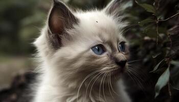 fofa gatinho sentado ao ar livre, encarando com azul olhos, fofo pele gerado de ai foto