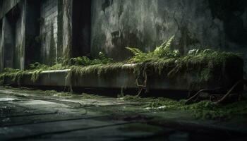 assustador velho ruína dentro Sombrio floresta, natureza mistério gerado de ai foto
