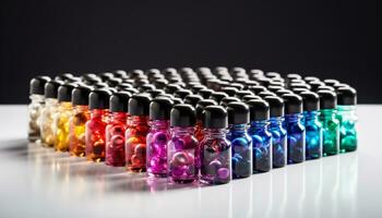 uma linha do vibrante, multi colori unha polonês garrafas dentro uma estúdio gerado de ai foto