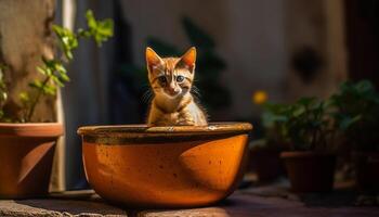 fofa gatinho sentado ao ar livre, olhando às Câmera dentro verão luz solar gerado de ai foto