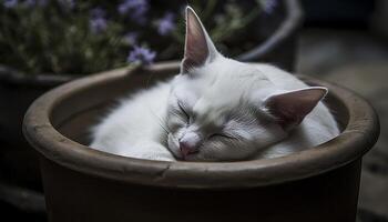 fofa gatinho dormindo ao ar livre, fofo pelagem, listrado, encarando às azul gerado de ai foto