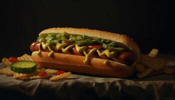 grelhado carne em pão com ketchup, pouco saudável americano lanche gerado de ai foto