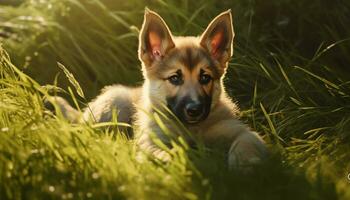 fofa cachorro jogando dentro a grama, desfrutando natureza beleza gerado de ai foto
