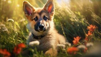 fofa cachorro jogando dentro a grama, desfrutando natureza beleza gerado de ai foto