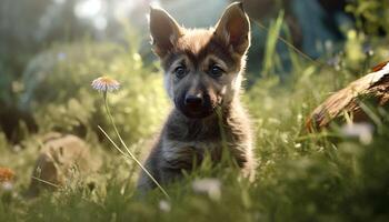 fofa cachorro jogando ao ar livre dentro a verde Relva Prado gerado de ai foto